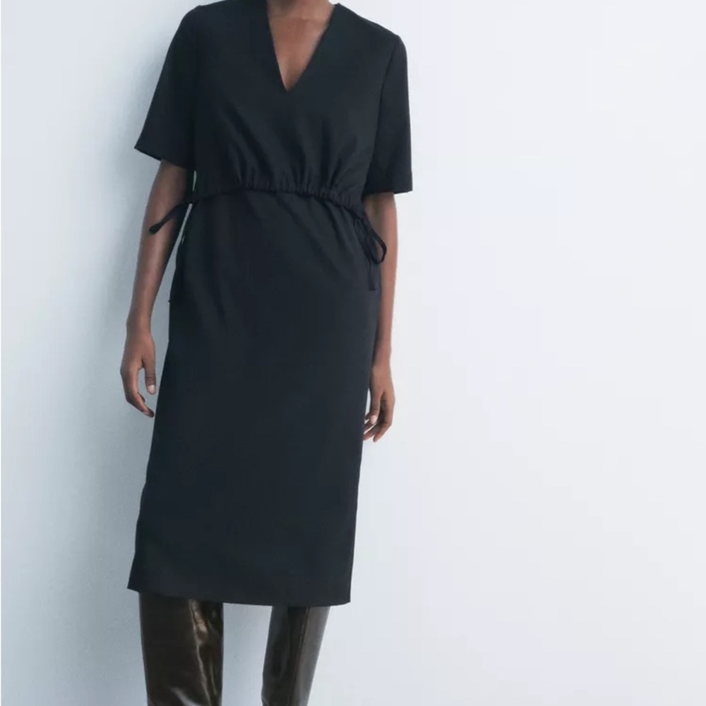 Zara Black V-Neck Sheath Midi Dress